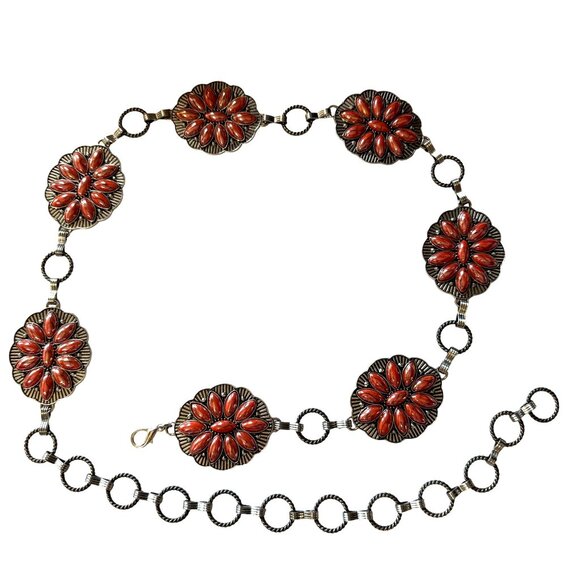 Western Style Chain Belt With Ornate Floral Medallions & Silver-Tone Finish 43” - Picture 1 of 5